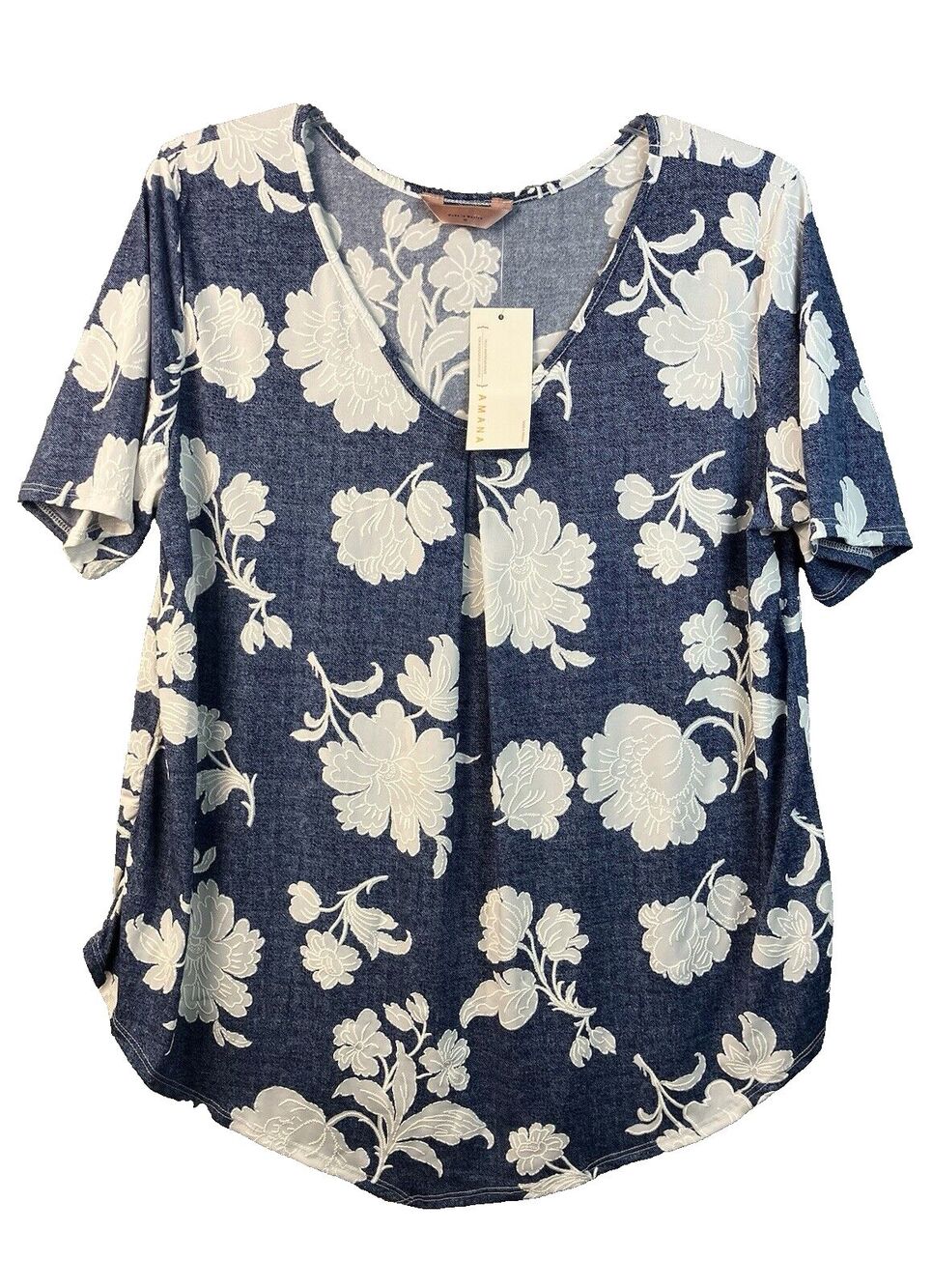 NWT Women's Plus 2X Floral & Denim Look Stretch Top Tunic Easy Care Relaxed Fit
